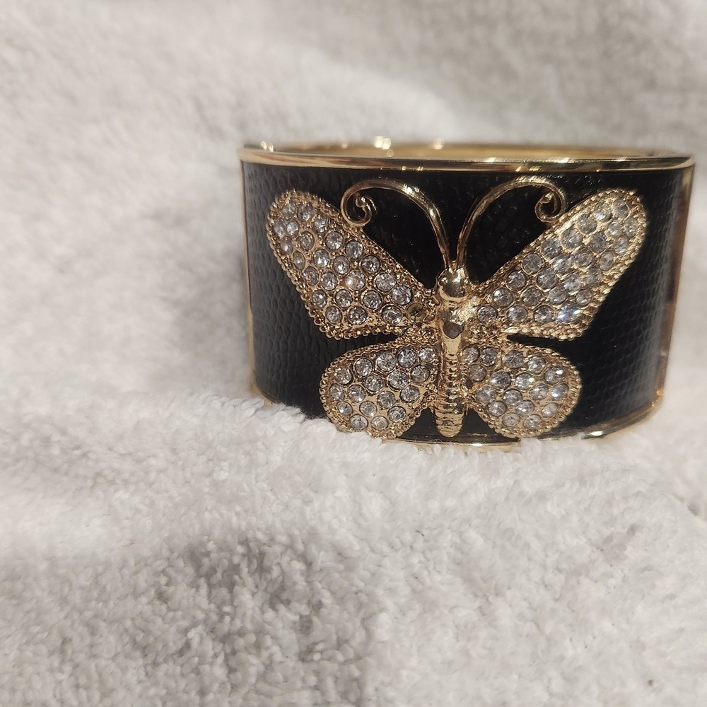Gold Tone Rhinestone Butterfly Black Faux Leather Inlay Hinge‎ Cuff Bracelet